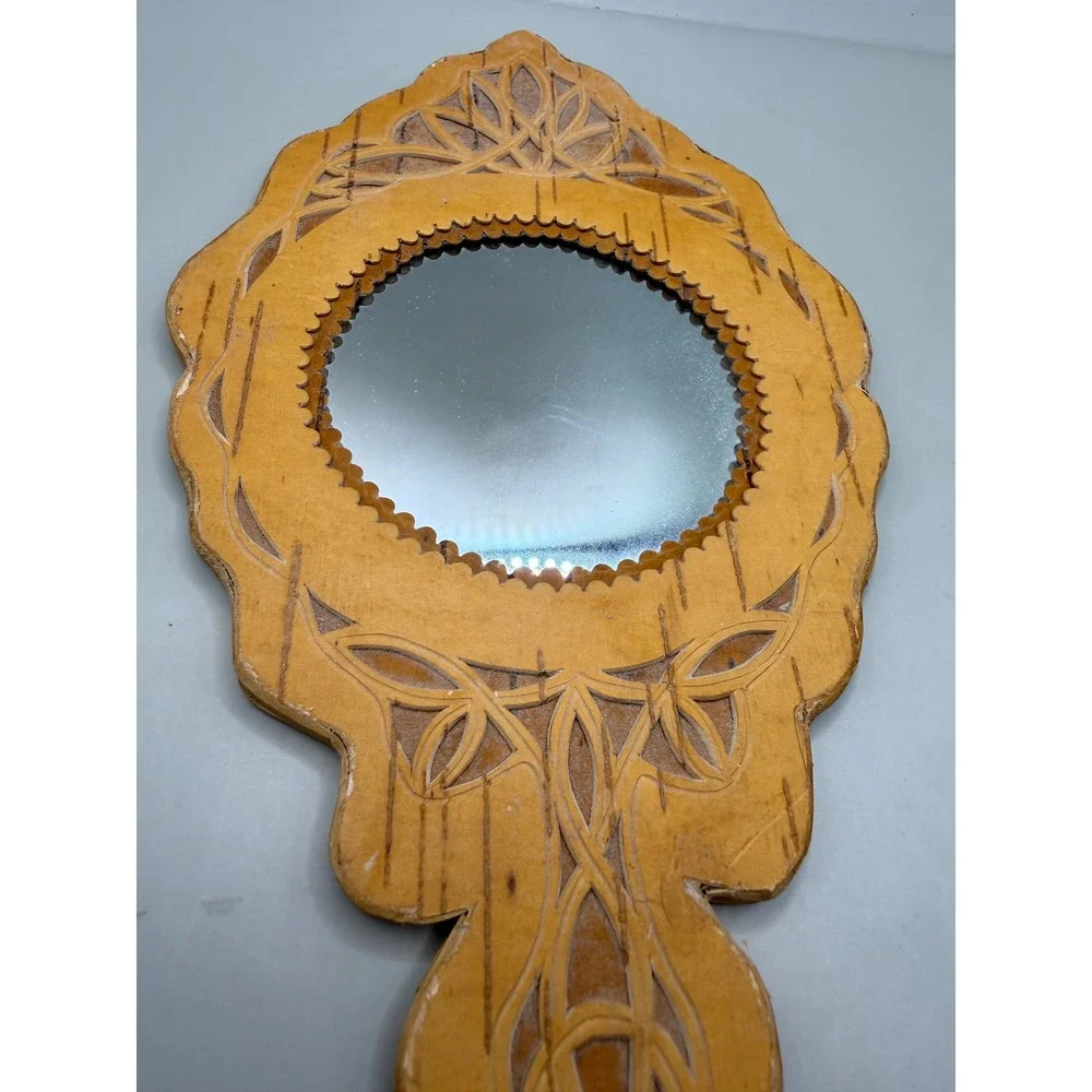Vintage MCM Eastern European Hand Carved Birch Wood Hand Mirror 11.75